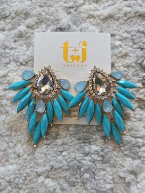 T&J Designs Turquoise Blue Crystal Fan Earrings